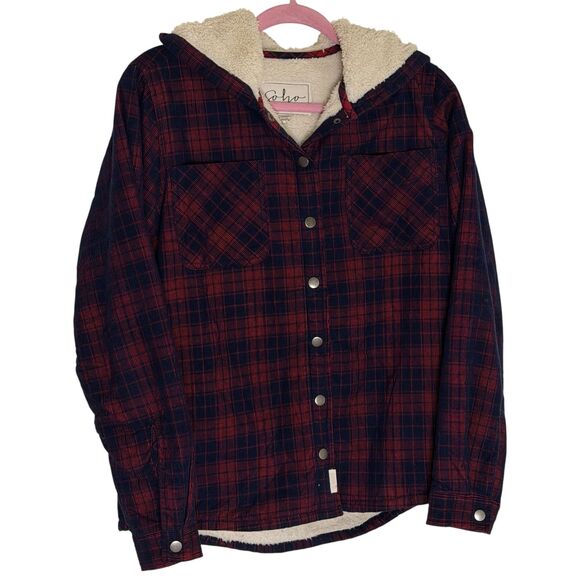Soho Threads Corduroy Jacket Sherpa Fleece Hooded Plaid Blue Red M bv - Picture 5 of 15